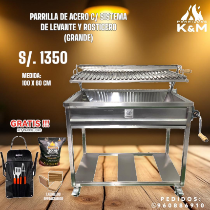 Parrilla de Acero C/Sistema de levante y rosticero (Grande)