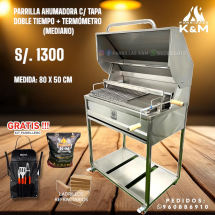 Parrilla Ahumadora C/Tapa doble tiempo + Termómetro (Mediana)