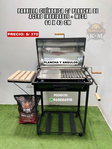 Parrilla Cilíndrica C/plancha de acero inoxidable + mesa 64 x 43 cm