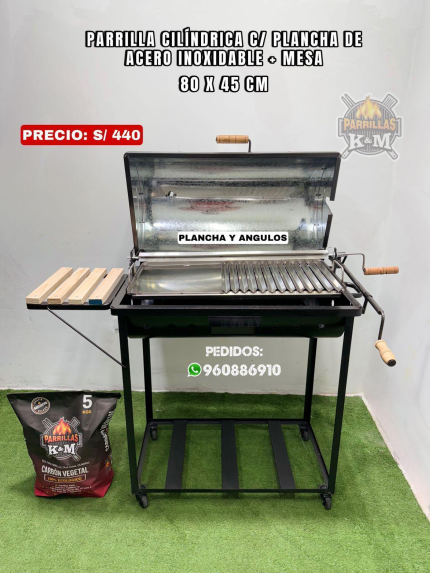 Parrilla cilíndrica C/Plancha de acero inoxidable + mesa 80 x 45 cm