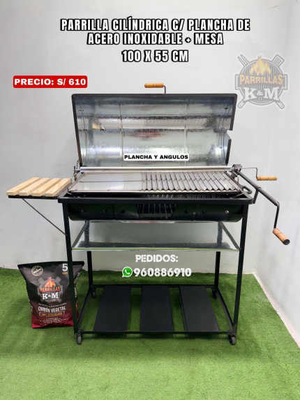 Parrilla cilíndrica C/ Plancha de acero inoxidable + mesa 100 x 55 cm