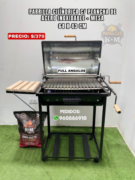 Parrilla cilíndrica C/Plancha de acero inoxidable + mesa 64 x 43 cm