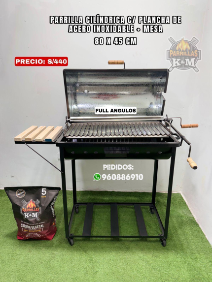 Parrilla cilíndrica C/Plancha de acero inoxidable + mesa 80 x 45 cm